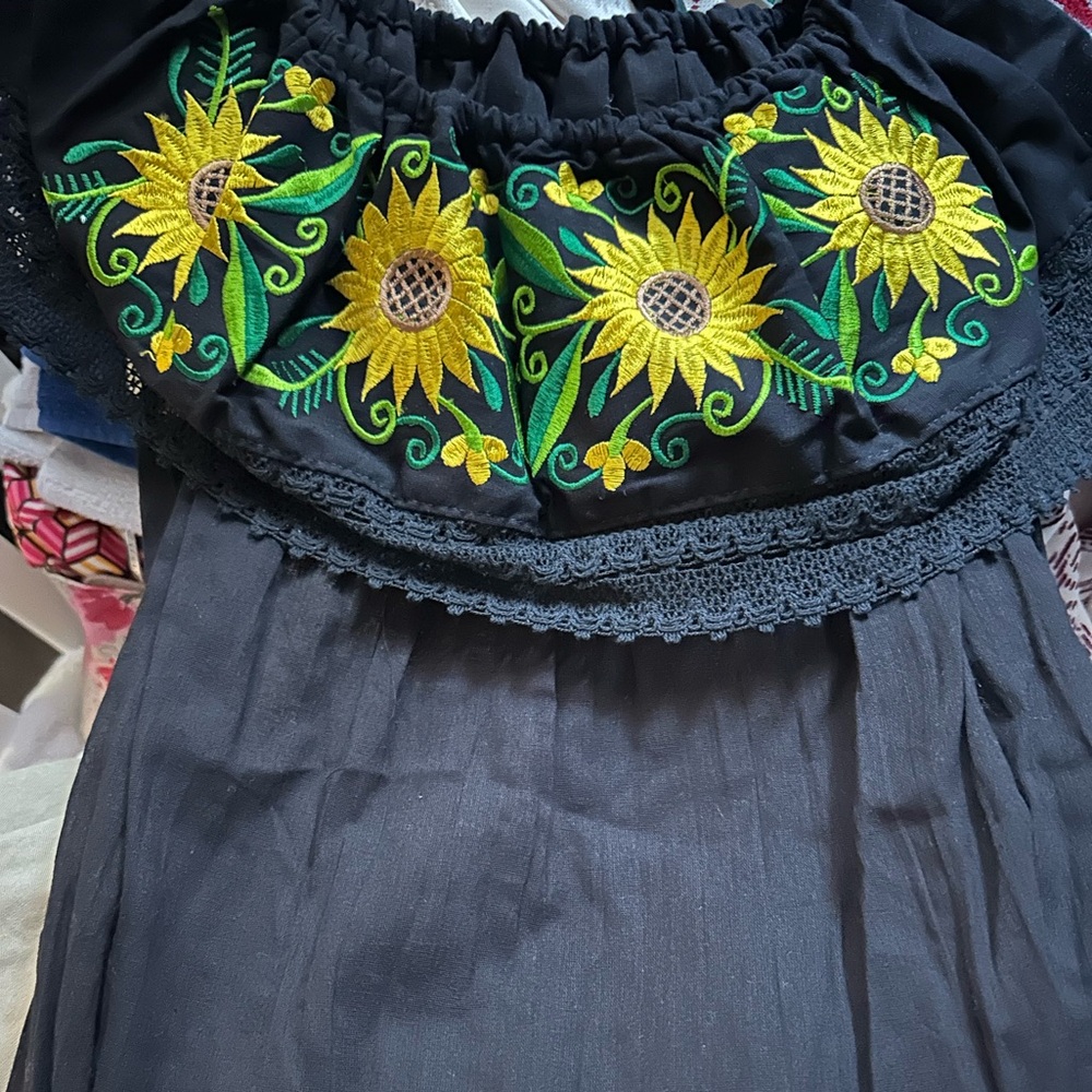 Black off the shoulder blouse with Sunflower Embroidery